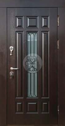 утепленная дверь в дом со стеклом и ковкой-ДВ-1625